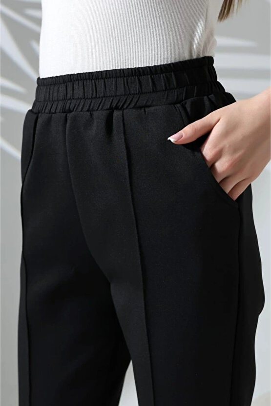 Kadın Uzun Kollu Dalıç Kumaş Cep Detay Beli Lastikli ütüsüz Pantolon