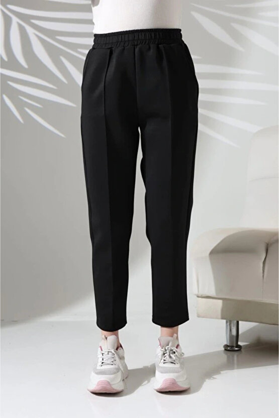 Kadın Uzun Kollu Dalıç Kumaş Cep Detay Beli Lastikli ütüsüz Pantolon