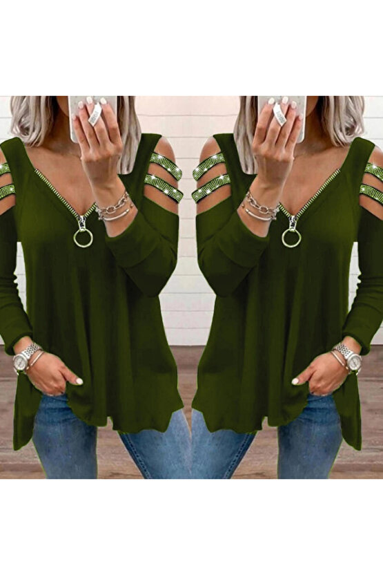 MDB Kadın Haki Kolları Taş Işlemeli Uzun Kol Fermuarlı Viskon Bluz