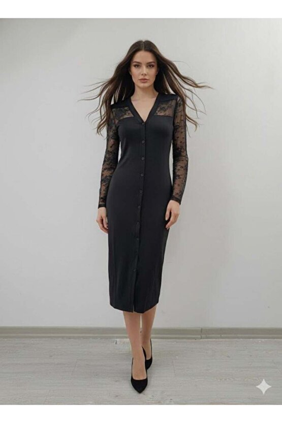 Kadın Uzun Kollu Transparan Detay Midi Boy Elbise