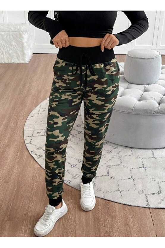 Kadın Yüksek Bel Bağcıklı Desenli Iki Iplik Pantolon