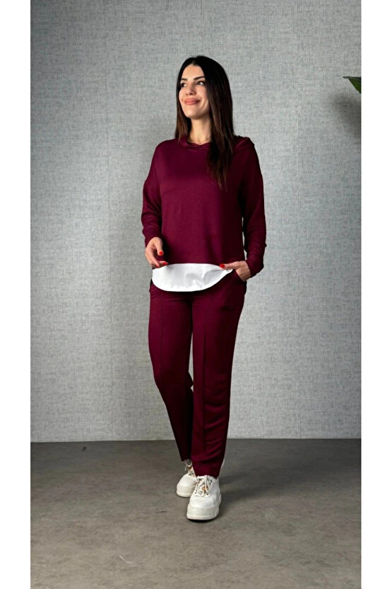 Kadın Uzun Kollu Kapşonlu Bağcıklı Viskon Iki Iplik Bluz Ve Pantolon Ikili Takım