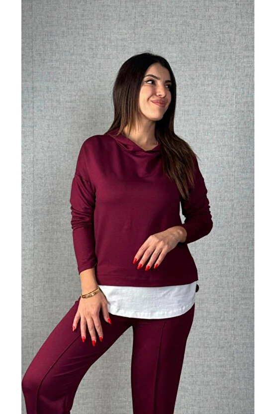 Kadın Uzun Kollu Kapşonlu Bağcıklı Viskon Iki Iplik Bluz Ve Pantolon Ikili Takım