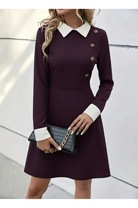 MDB Kadın Uzun Kollu Yakalı Düğmeli Mürdüm Modal Mini Elbise