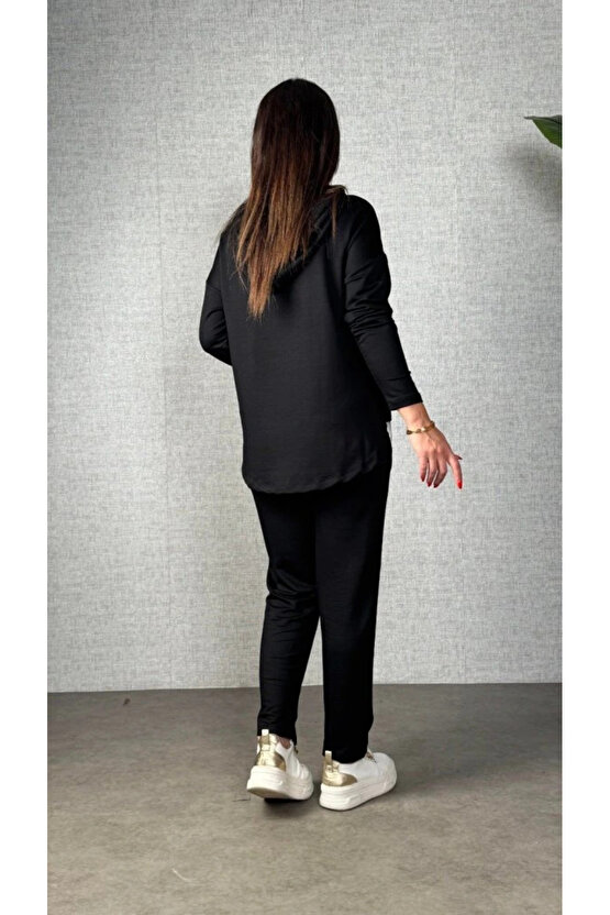 Kadın Uzun Kollu Kapşonlu Bağcıklı Viskon Iki Iplik Bluz Ve Pantolon Ikili Takım