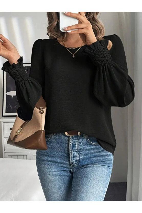 Kadın Uzun Kollu Yuvarlak Yaka Aerobin Bluz