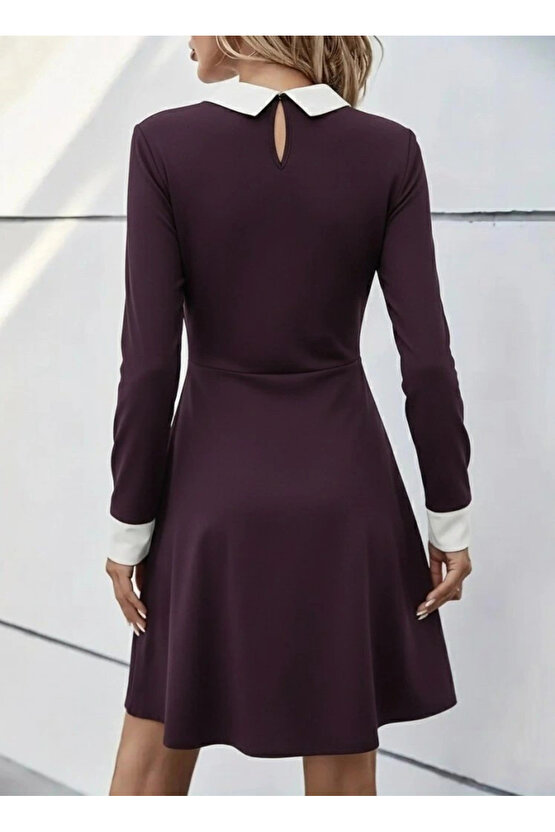 MDB Kadın Uzun Kollu Yakalı Düğmeli Mürdüm Modal Mini Elbise