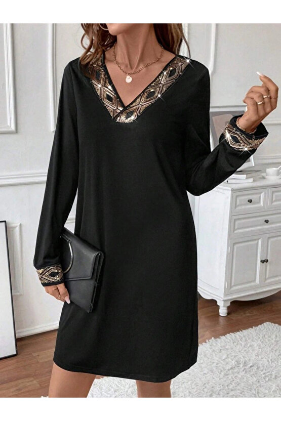 Kadın Uzun Kollu V Yakalı Pulpayet Detaylı Mini Ithal Krep Elbise