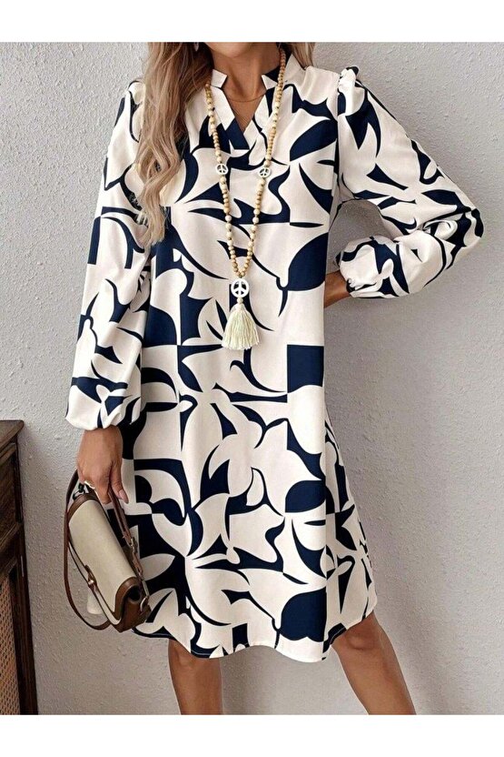 Kadın Uzun Kollu V Yakalı Desenli Modal Mini Elbise