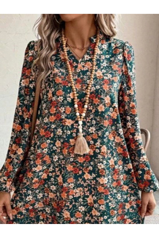 MDB Kadın Uzun Kollu V Yakalı Desenli Modal Mini Elbise