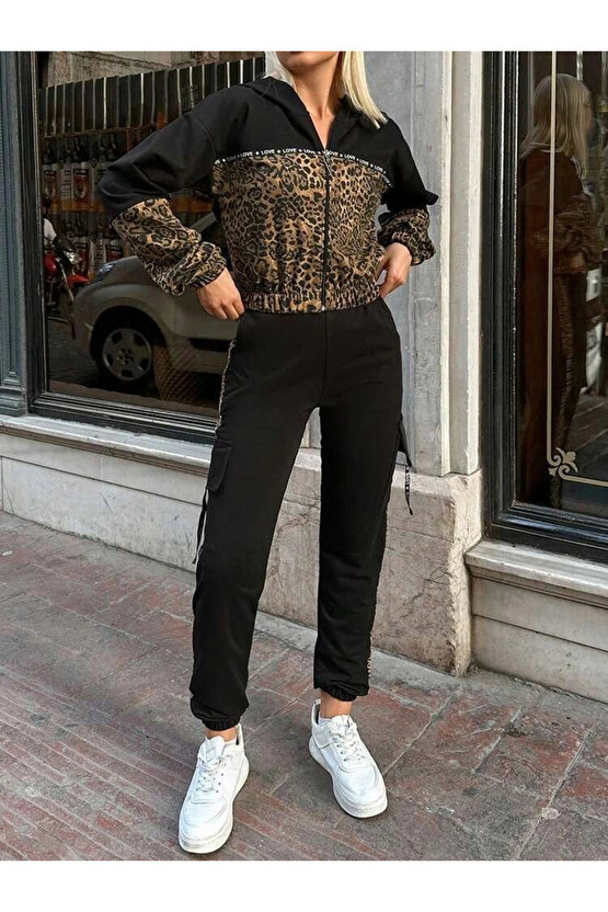 MDB Kadın Uzun Kollu Kapşonlu Leopar Desenli Viskon Iki Iplik Bluz Ve Pantolon Ikili Takım