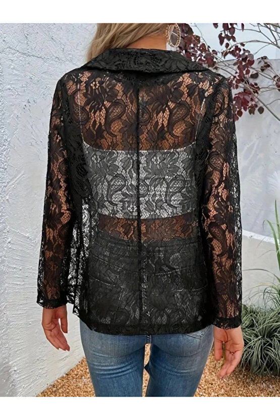 Kadın Uzun Kollu Yakalı önü Açık Dantelli Ceket
