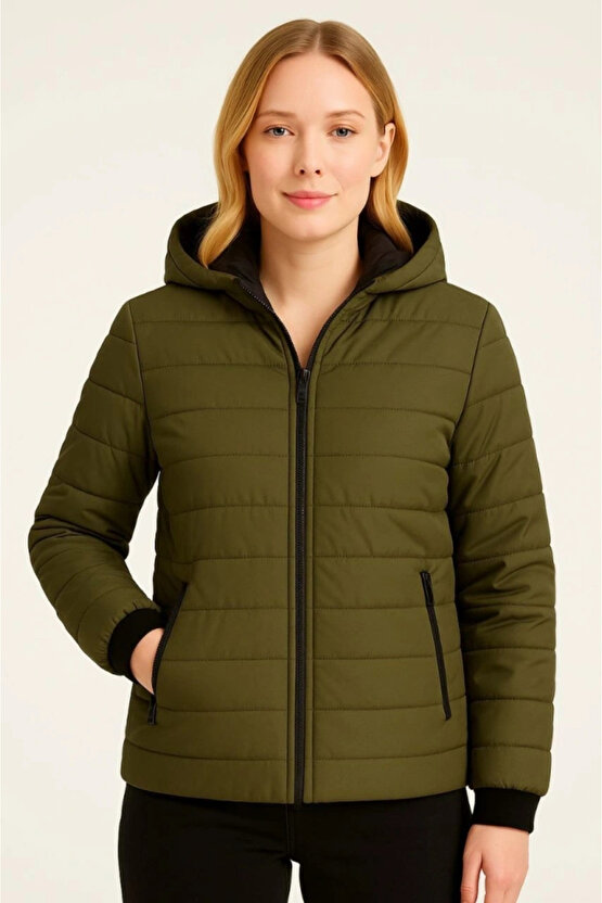 Şişme Kapüşonlu Fermuarlı Mont Su Itici Kapitone Astarlı Kumaş Cepli Kışlık Rahat Kalıp - Haki