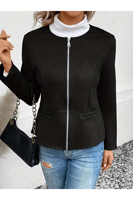 Kadın Uzun Kollu Yuvarlak Yaka önden Fermuarlı Süet Ceket