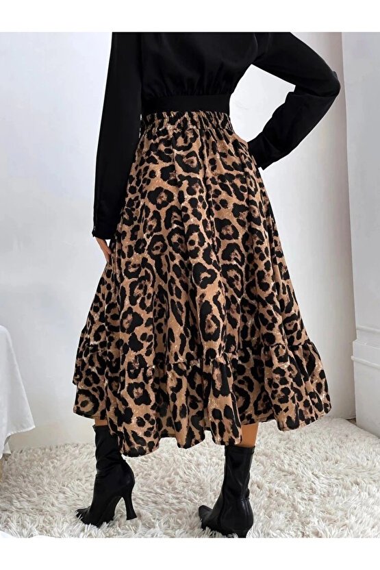 MDB Kadın Uzun Kollu Kruvaze Yakalı Ithal Krep Bluz Ve Leopar Desenli Süprem Uzun Elbise