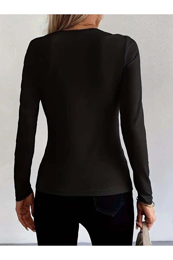 Kadın Uzun Kollu Yakadan Halka Detaylı Viskon Bluz