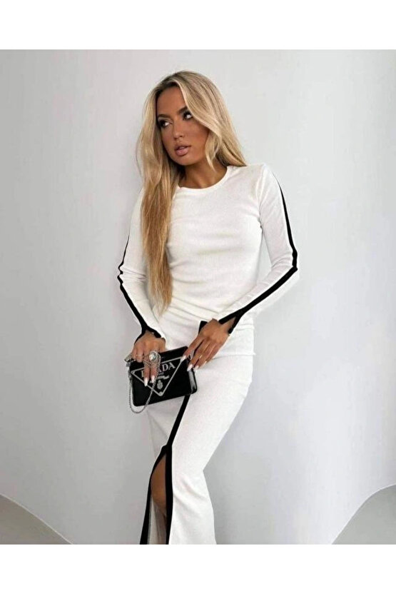 Kadın Uzun Kollu Bisiklet Yaka Kaşkorse Bluz Ve Yırtmaçlı Etek Ikili Takım