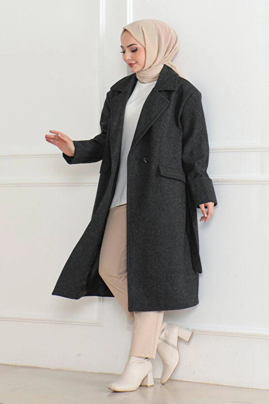 Kadın Kaşe Kaban – Uzun Boy 115 cm Kruvaze Yaka Kuşaklı Astarlı Kışlık Tesettür Kaban, Yünlü Dokuma
