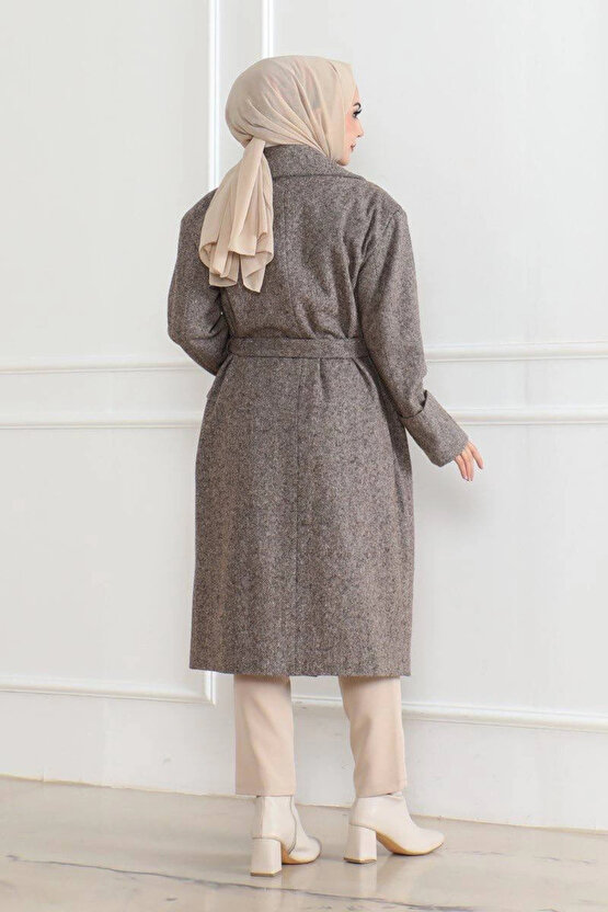 Kadın Kaşe Kaban – Uzun Boy Kruvaze Yaka Kuşaklı Tesettür Kaşe Kışlık Kaban, Astarlı Şık Yünlü Dokum