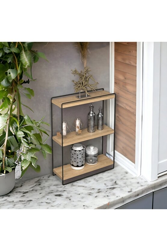 2 Adet Dekoratif Mini Duvar Rafı, Tezgah Üstü Raf, Obje, Baharat, Kaktüs Rafı 2li Ahşap - Metal Raf