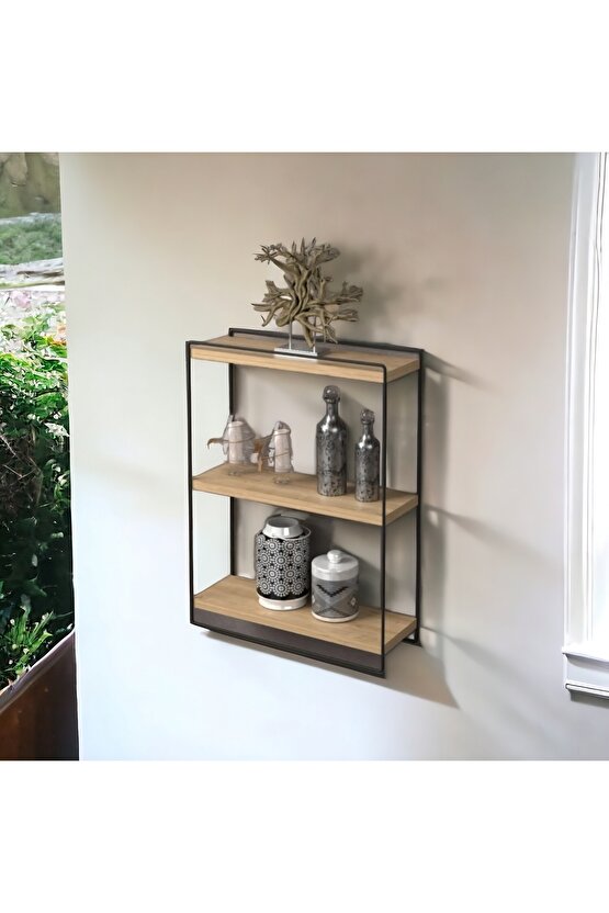 2 Adet Dekoratif Mini Duvar Rafı, Tezgah Üstü Raf, Obje, Baharat, Kaktüs Rafı 2li Ahşap - Metal Raf