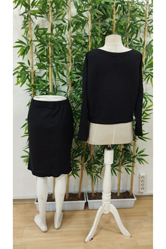 MDB Kadın Uzun Kollu Iki Yanı Açık Yaka Detaylı Bluz Ve Etek şardonlu Kaşkorse Ikili Takım