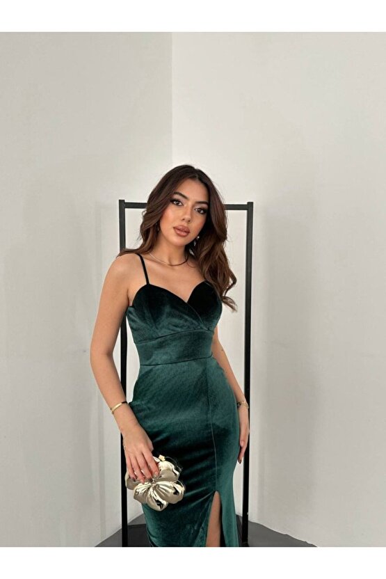 Kadınomuz Askılı Sırt Dekolteli Yırtmaç Detay Midi Boy Elbise Yırtmaç Detay Midi Boy Elbise
