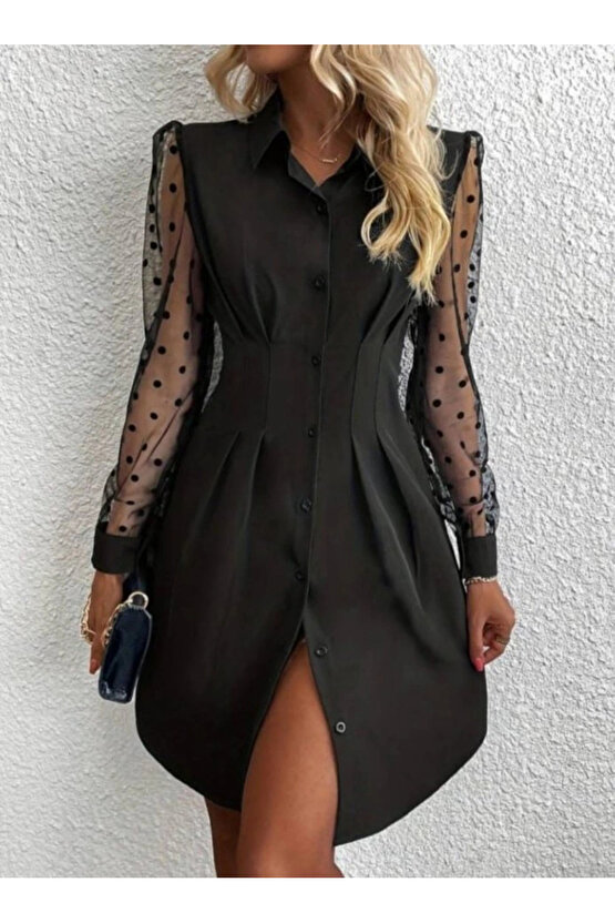 Kadın Uzun Kollu Yakalı Düğmeli Mini Ithal Krep Elbise