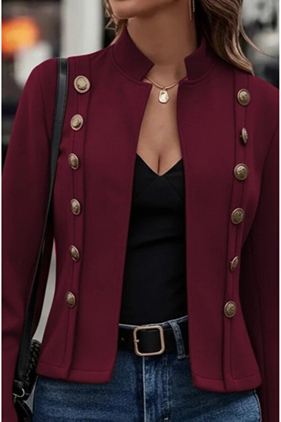 Kadın Uzun Kollu Hakim Yaka Yanlardan Düğmeli Kısa Süet Ceket