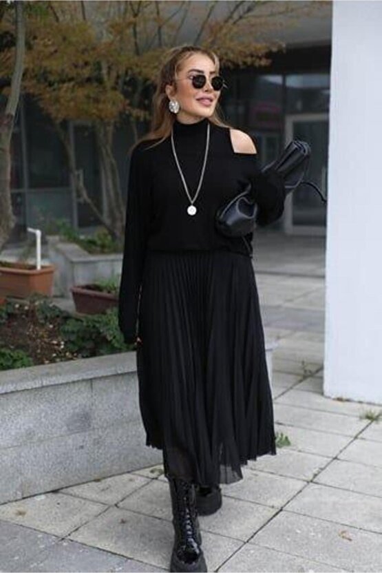 Kadın Triko Plise Ve Tül Detay Iki Parça Elbise