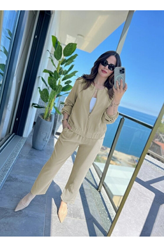 Kadın Uzun Kollu önden Fermuarlı Modal Ceket Ve Pantolon Ikili Takım