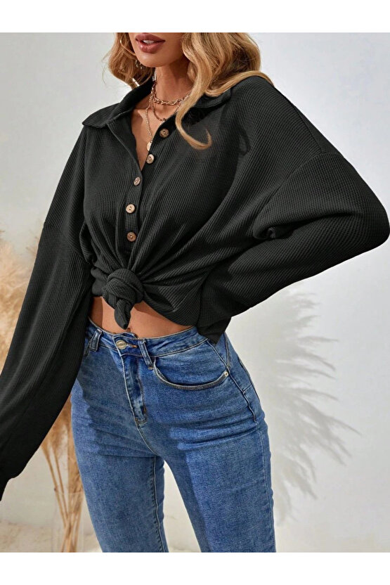MDB Kadın Uzun Kollu Yakalı Düğmeli Salaş Waffle Bluz