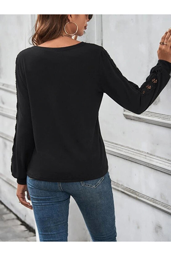 MDB Kadın Uzun Kollu V Yakalı Dantel Detaylı Viskon Bluz