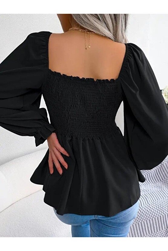 Kadın Uzun Kollu Geometrik Yakalı Gipe Detaylı Krep Bluz