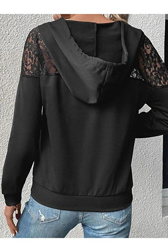 Kadın Uzun Kollu Kapşonlu Bağcıklı Dantelli Viskon Iki Iplik Bluz