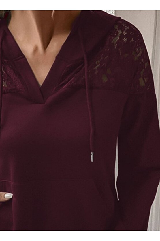 Kadın Uzun Kollu Kapşonlu Bağcıklı Dantelli Viskon Iki Iplik Bluz