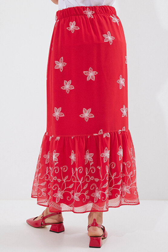 8010 Desenli Şifon Etek - A.Kırmızı