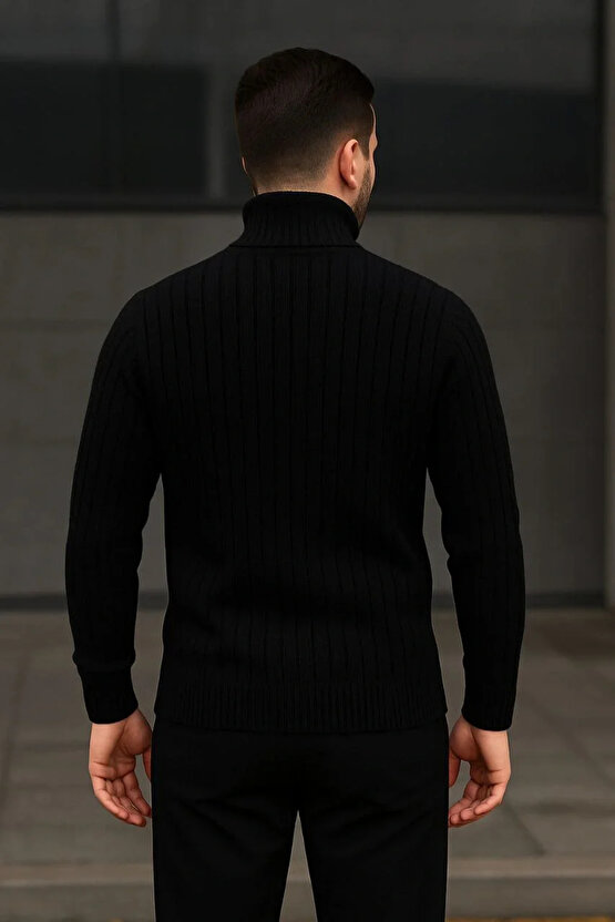 Erkek Fitilli Triko Kazak 2li Set Gri Siyah Regular Balıkcı Yaka Tam Boğazlı Triko Seti Modeli Kaza