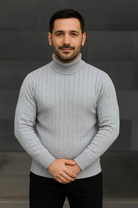 Erkek Fitilli Triko Kazak 2li Set Gri Siyah Regular Balıkcı Yaka Tam Boğazlı Triko Seti Modeli Kaza