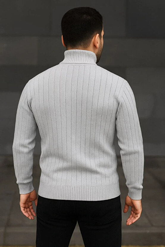 Erkek Fitilli Triko Kazak 2li Set Gri Siyah Regular Balıkcı Yaka Tam Boğazlı Triko Seti Modeli Kaza