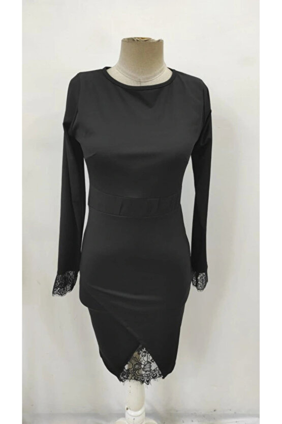 Kadın Uzun Kollu Bisiklet Yaka önden Dantel Ve Yırtmaç Detaylı Dalgıç Elbise