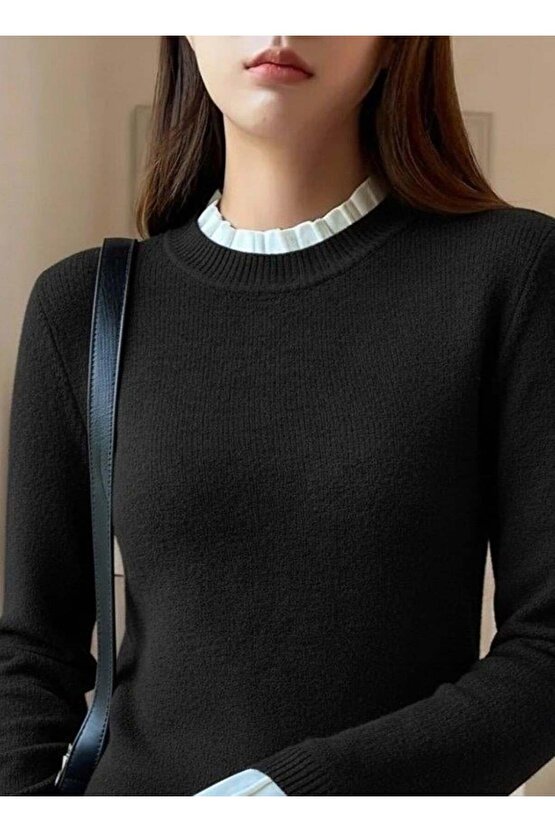 Kadın Uzun Kollu Fırfırlı Yakalı Triko Bluz