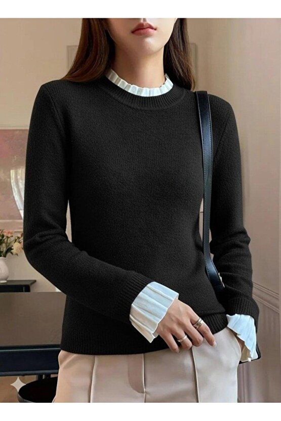 Kadın Uzun Kollu Fırfırlı Yakalı Triko Bluz