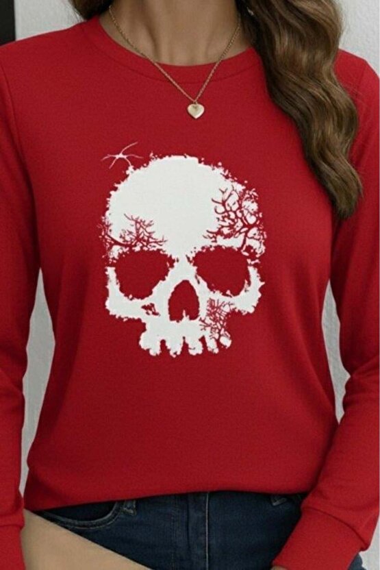 Kadın Uzun Kollu Bisiklet Yaka Kurukafa Desenli Viskon Bluz