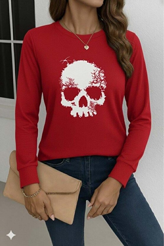 Kadın Uzun Kollu Bisiklet Yaka Kurukafa Desenli Viskon Bluz