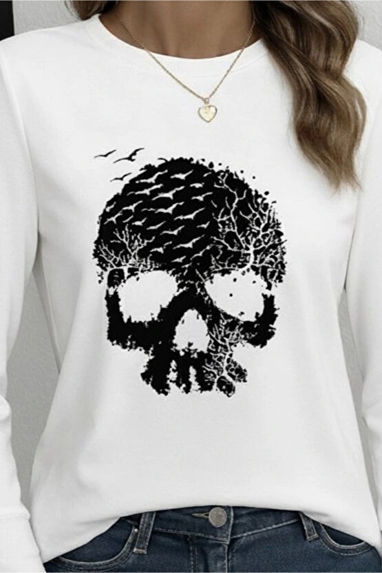 Kadın Uzun Kollu Bisiklet Yaka Kurukafa Desenli Viskon Bluz