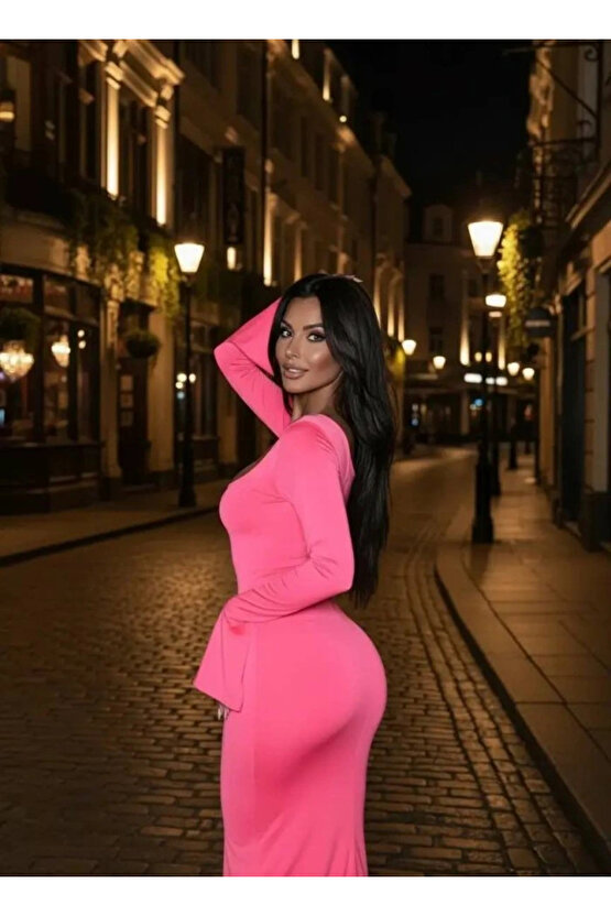 Kadın Uzun Kollu Kare Yaka Volanlı Manşet Detay Maxi Boy Elbise