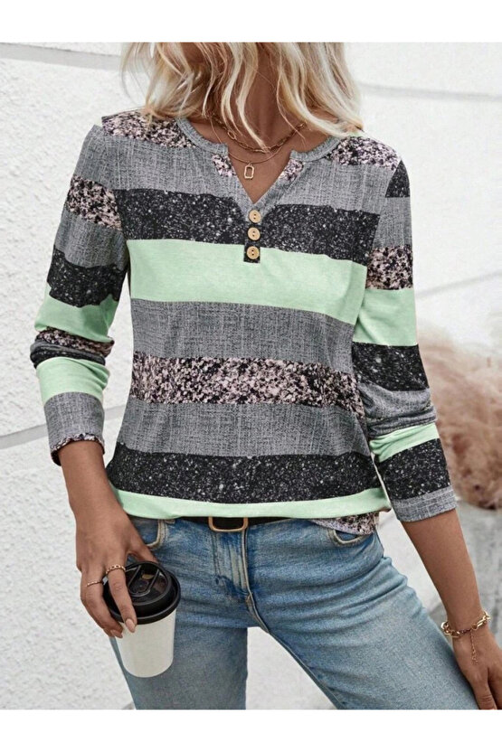 MDB Kadın Uzun Kollu Yakadan Düğmeli çizgili Desenli Süprem Bluz