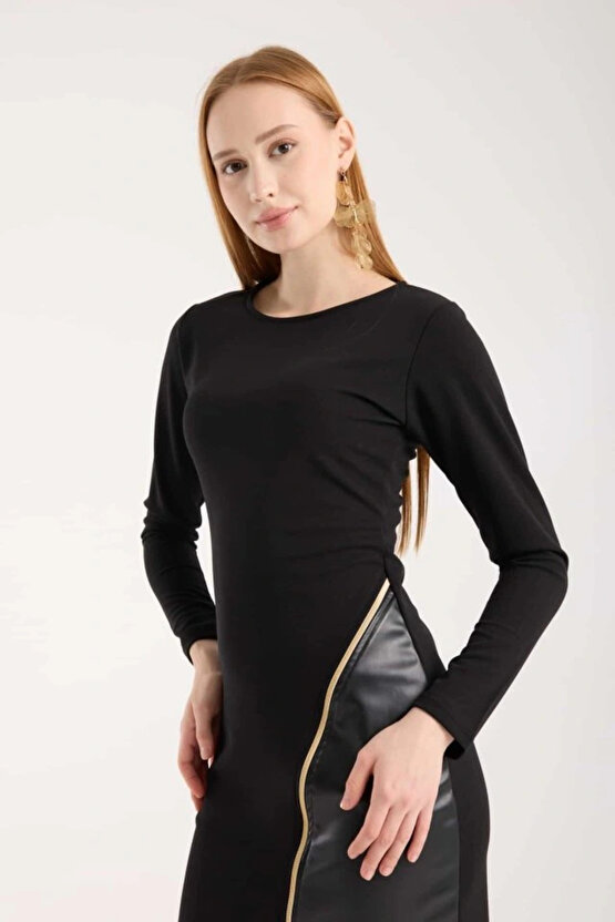 MDB Kadın Bisiklet Yaka Uzun Kollu Deri Ve Fermuar Detay Mini Yırtmaçlı Elbise