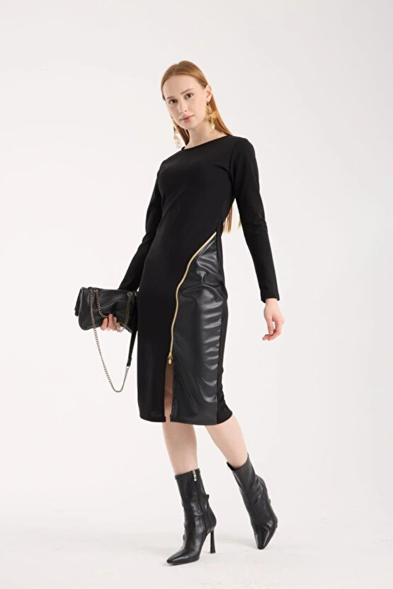 MDB Kadın Bisiklet Yaka Uzun Kollu Deri Ve Fermuar Detay Mini Yırtmaçlı Elbise